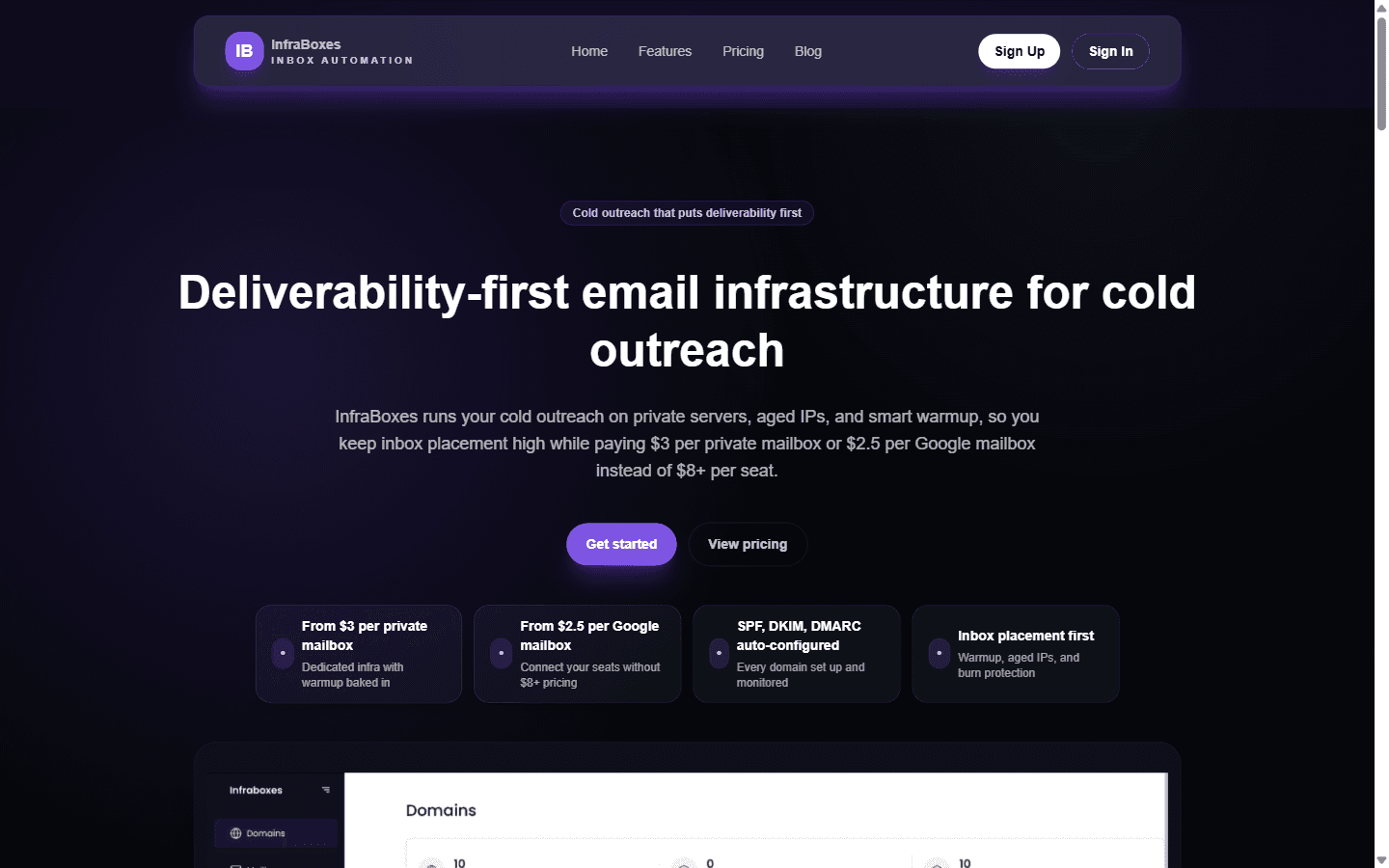 InfraBoxes homepage advertising deliverability-first cold email infrastructure on private servers and aged IPs