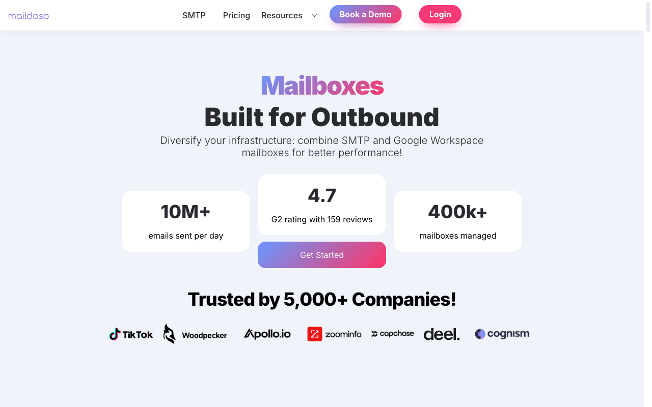 Maildoso homepage showing SMTP and Google Workspace Combo plans