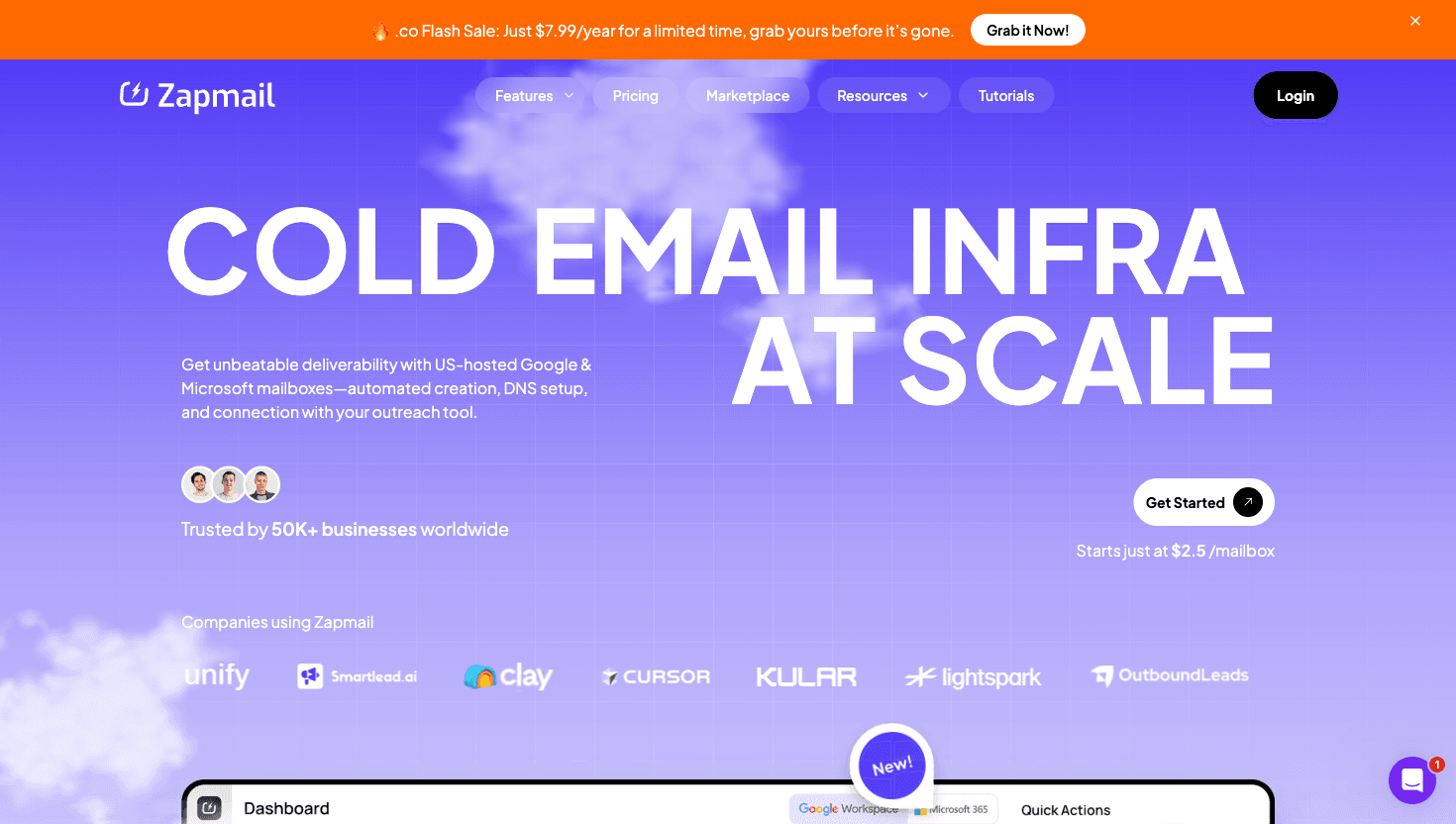 Zapmail homepage showing real Google Workspace mailbox provisioning