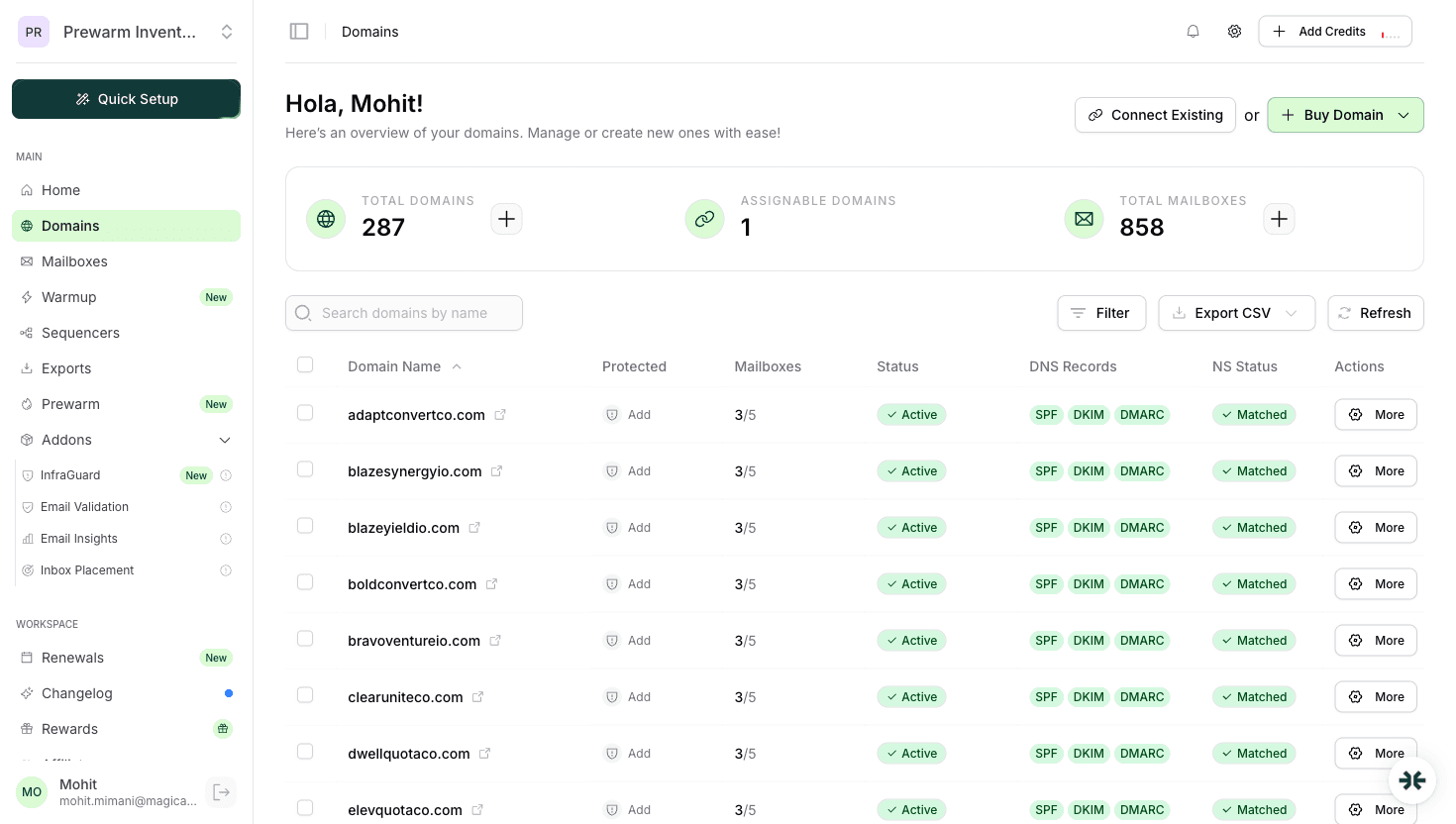 InboxKit domain management showing SPF record configuration status