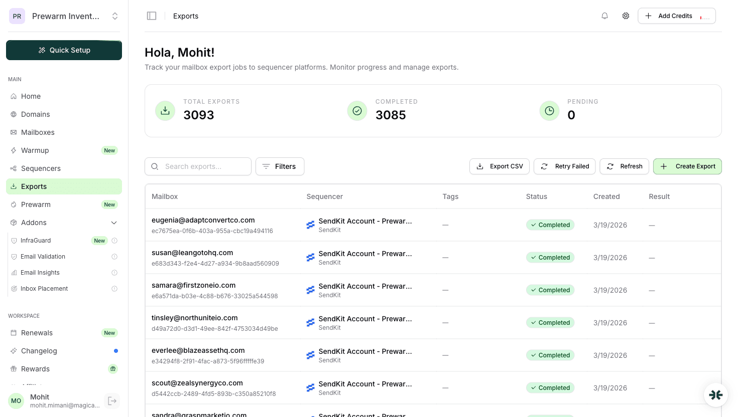 InboxKit exports tracking the Master Inbox workspace selection