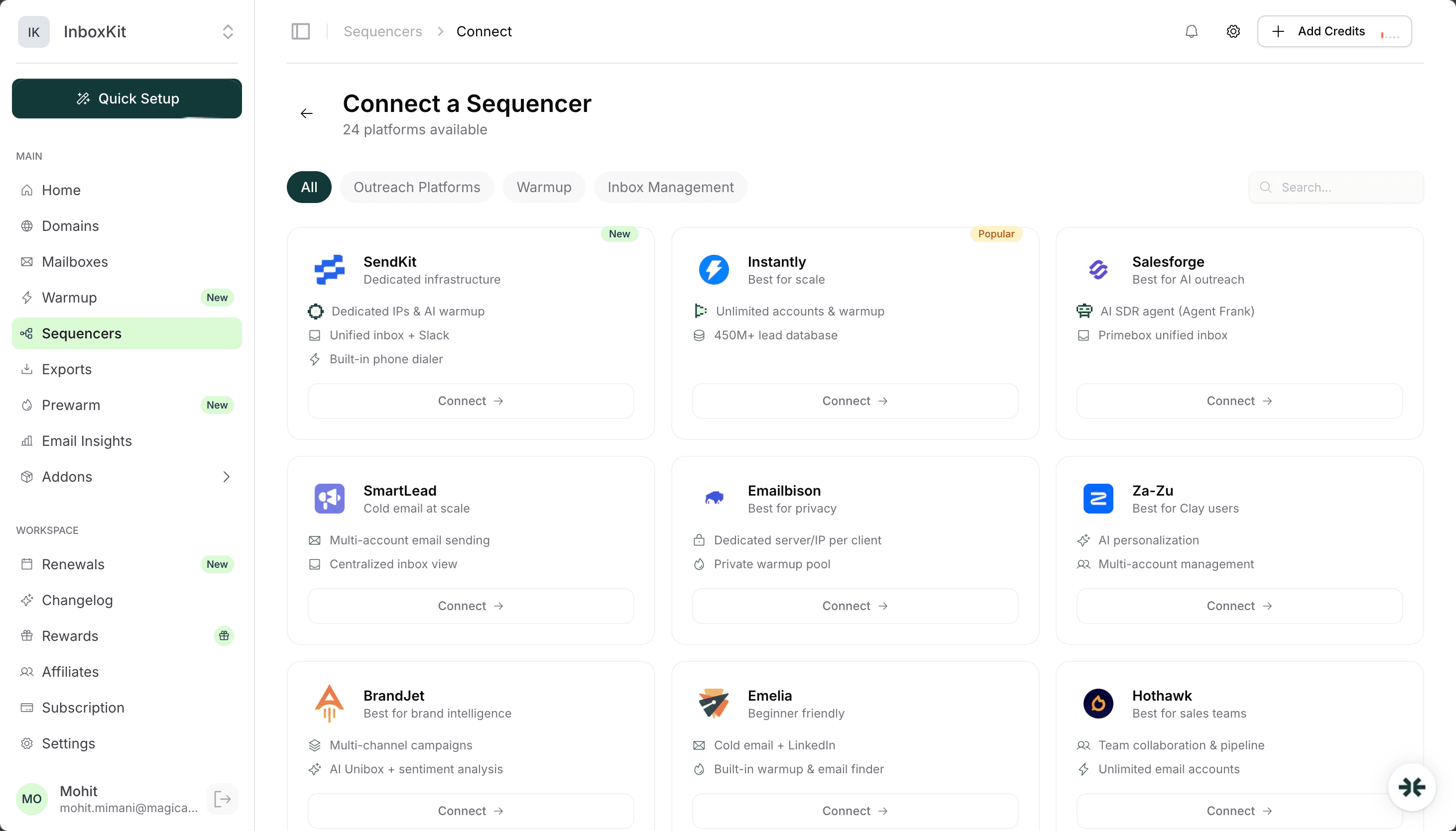 InboxKit Sequencers page with Email Bison connected
